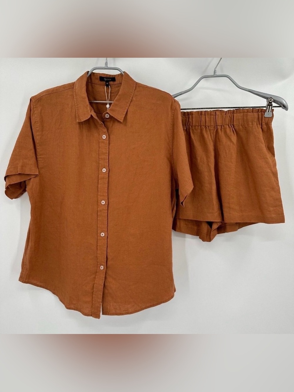 Quince Terracotta Linen Pajama Set Short Sleeve Button Front Shirt and Shorts M